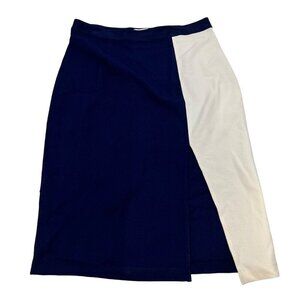 Tanya Taylor Midi Pencil Skirt Navy/Ivory Colorblock Size 12 Front Slit Zip